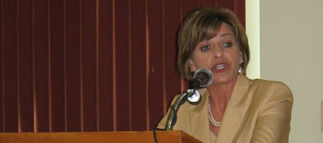Kansas State Treasurer and 2nd Congressional District House of Representatives hopeful Lynn Jenkins speaks to members of the Leavenworth County Republican Women at the group's April meeting in Leavenworth. Jenkins emphasized the importance of returning a Republican from the 2nd District to Washington, D.C.