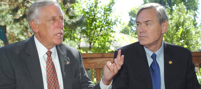 House Majority Leader Steny Hoyer (left) and Congressman Dennis Moore spoke at a press conference Tuesday in Roeland Park, Kansas. They were in town meeting with local residents on discussing Congress’s ongoing efforts to address the country’s financial crisis and how it will affect the average American family. They were at the home of Kyle and Rhonda Russell.