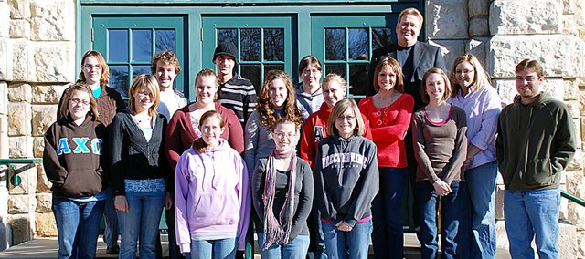 Baker University professor Lee Green, back row, has been taking students on study trips to Washington in inaugural years since 1989. This year’s group will witness Barack Obama’s inauguration and attend a ball Tuesday night. Students are, third row from left, Caitlin McGowan, Andrew Linenberger, Adam Kenne, Melissa Hasty, Jordann Johnson and Emily Stephens; second row, Kendra Hanson, Lena Sweyko, Jessica Porter, Sarah Luecke, Stephanie Brockmann, Dana Hacker and Adam O’Trimble; and front row, Briana Bever, Eris Blaser and Shannon Pulkabrek.