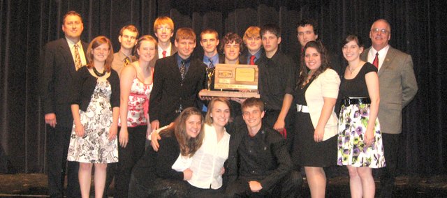 Team members at Saturday’s competition, are, front row, kneeling, from left, Emily Jefferies, Alicia Osborne and David Powell; second row, from left, Lindsey Truesdell, Emily Gripka, Ben Field, Ryan Brammer, Dalton Lawson, Sarah Swaim and Haley Field; back row, from left, coach Steve Harrell, Doug Emerson, Austin Baragary, Nic Irick, Matthew Doyle, Cody Somers and assistant coach Kenneth Church.