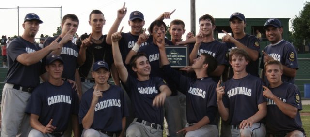 The Eudora Cardinals Legion baseball team celebrates after winning the zone tournament Saturday. Eudora beat Bishop-Ward, 8-4, in eight innings to advance to this week’s state tournament in Sabetha. Eudora will play Doniphan County in the first round of the state tournament at 1 p.m. Thursday in Sabetha.
Pictured back row (l to r) are coach Shaun Edmondson, Zach Bryant, Tyler Beebe, Jared Ireland, Bryan Dudley, David Pierce, Derek Scrimsher, Nick Mills and coach Paul Houle. Pictured front row (l to r) Sean Moran, Matthew Gadberry, Mack Hartwell, Chase Brecheisen, Craig Harper and Evan Cleveland.