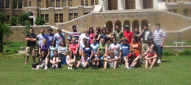 History club members stop at Little Rock Central High School in Little Rock, Ark., as part of the Tonganoxie Middle School club’s most recent history trip. Pictured are (front row, from left) Jeremy Fox, Matthew Stephens, Erin Wesselman, Hunter Sturgis, Cole Holloway, Josh Sloan, Keaton Truesdell, Emily Minear, (middle row, from left) Kelsi Briggs, Dena Espeland, Molly Welsh, Jody Baragary, Brett Morey, Ashley Kennedy, Alyssa Miller, Chris Tiner, Shelby McDaniel, Evan Greenwell, Rachel Milbourn, Mallory Harrell, (back row, from left) Jonathan Hendrix, Thomas Miller, Brett Shelton, Gus Dent, Ty Barton, Holley Thompson, Rachel Woods, Paige Lauri, Jaycee Knipp, Tyler Reavis, Perla Mendoza, Austin Searcy, Dylan Haufler, Tori Sutton, Will Bond and Tyler O'Briant. Sponsors, not pictured, were John Tollefson, John Korb, Burt Morey, Becky Sloan, Debbie Holloway, Debbie Gaskey and Kathy Harrell.