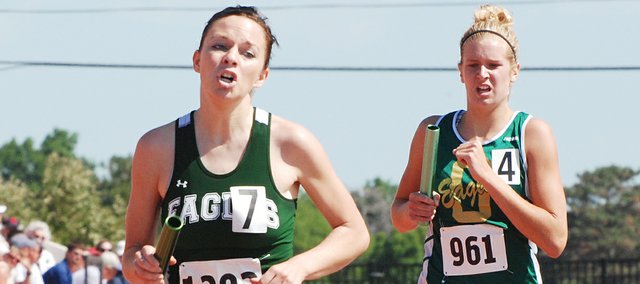 Ali Bailey, a 2009 Maranatha Academy graduate, anchors the 3,200-meter relay team in what turned out to be a state championship performance at Cessna Stadium in Wichita. Bailey earned three medals at the state meet as a senior and five in her high school career. She also led the Eagles' cross country team to a state title as a senior.