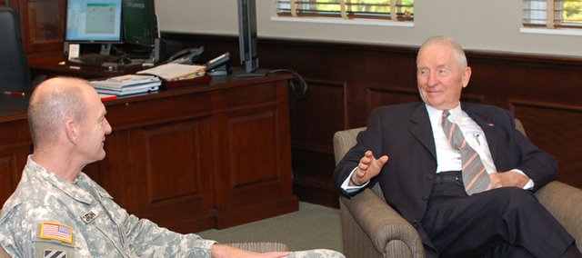 Gen. Edward Cardon (left), deputy commandant of the U.S. Army Command and General Staff College, visits with H. Ross Perot during Perot’s visit to the college, Oct. 20. The CGSC Foundation sponsored the visit after which Perot elected to contribute $6.1 million to two new programs the foundation is establishing in support of CGSC.