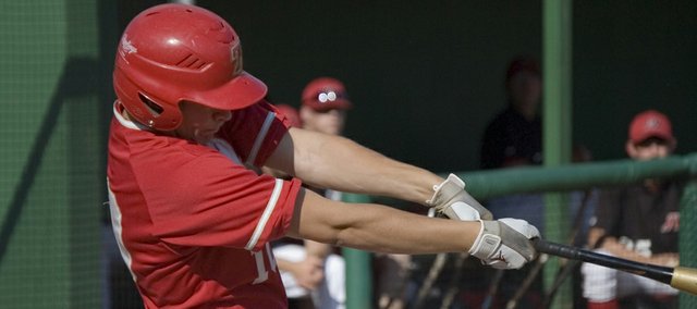 Dylan Puhr swings at a pitch against Jeff West on May 18 at Ozawkie. Tonganoxie High lost to the Tigers, 6-4, in the first round of a Class 4A regional tournament. Puhr, who doubled in the season-ending loss, is one member of a core group of THS players expected to return and contribute next season.