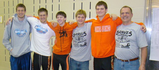 The Bonner Springs boys swimming team had plenty to smile about as it capped its first trip to the Class 5-1A state championships with a top-10 finish in the 200-yard freestyle relay. Pictured are, from left, Tyler Dubin, Jonathan Price, Ryan Cook, Ethan Hook, Blaine Edmondson and coach Lynn LaNoue.