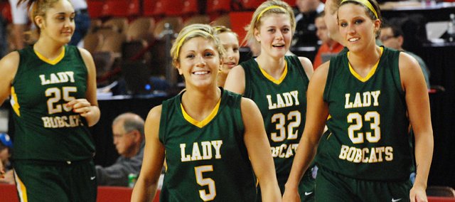 Shelby Equels (5) and the Basehor-Linwood girls are headed to the Class 4A state semifinals after beating Colby 37-28 on Friday in the first round of the state tournament.