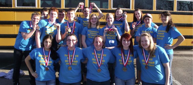 The Tonganoxie High School Science Olympiad team had several medal winners at Saturday’s state competition at Wichita State University. Pictured are, front row, from left, Cristina Rubio, Miranda Bontrager, Madi Hunter, Megan Woods and Carrie Calovich; back row, from left, Colton Young, Matthew Christensen, Wes Williams, Katelyn Waldeier, Paige Lauri; middle row, from left, Aaron McIntyre, Dane Erickson, Marcus Titterington, Sidney Grinter, Natasha Sudac, Hunter Sturgis and Jessica Rubio.