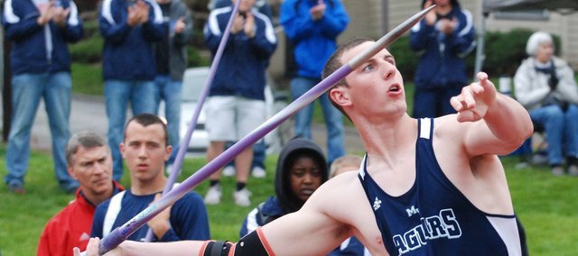 Mill Valley senior Macauley Garton won the Kansas Relays javelin championship with a mark of 212 feet, 11 inches, on Friday, April 22, 2011. Garton won the competition by more than 23 feet.