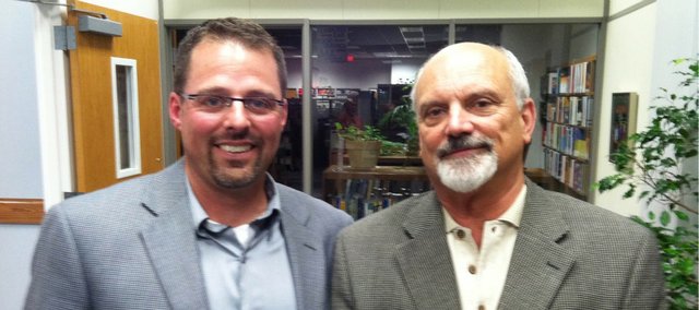 Kyle Hayden and Randy Weseman at a recent event in Lawrence. Hayden's tenure as USD 464 superintendent in Tonganoxie ends today, July 30, 2011. He will start an administrative job with Lawrence USD 497. Weseman, who is retired from a long career in Lawrence USD 497, including superintendent from 2000-09, starts as interim superintendent Friday, July 1, 2011, in Tonganoxie. He will be superintendent for one year.