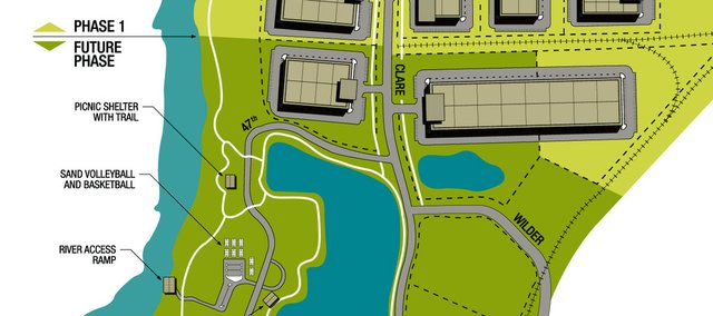 An 182-acre tract of empty land flanked by the Kansas River and Kansas Highway 7 is envisioned to one day become the Shawnee Eco-Commerce Center, an environmentally friendly business park development and recreational riverfront park. The city and the Shawnee Economic Development Council created a promotional pamphlet for the site, including this conceptual sketch.