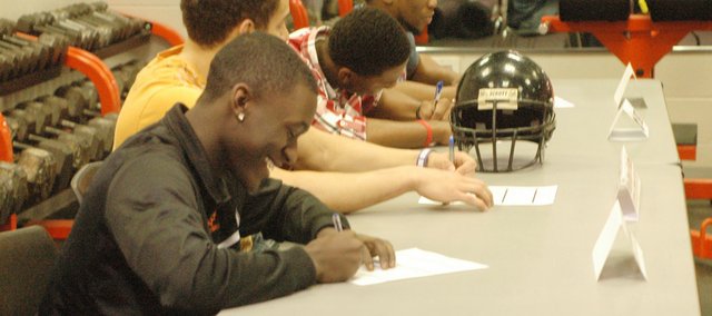 Four Bonner Springs football players signed letters of intent to continue their careers at respective community college programs. Daemon Franklin (Butler Community College), J.J. Jackson (Coffeyville Community College), Stevie Williams (Butler Community College) and JaVante Young (Fort Scott Community College) made their college choices official on Wednesday in front of parents, coaches and peers.