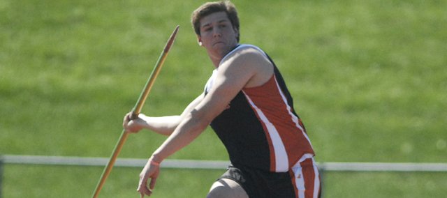 Shawnee Mission Northwest senior Eric Pinkleman finished first in the javelin throw on Saturday at the Second Annual Johnson County Community College Invitational. Pinkleman's 183-foot throw bested his previous personal record by 10 feet. Fellow senior Brett Bachelor finished second with a 140-foot throw. For complete coverage, including additional photos and news of more personal bests, stay tuned to shawneedispatch.com.