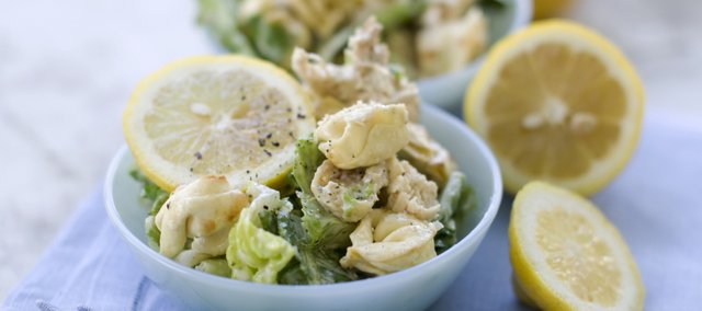 Most people don’t realize it, but fresh pasta (the variety sold in the refrigerator case) can be cooked without water. Just give a spritz of cooking spray to a non-stick skillet, then add the pasta and saute until lightly browned and crisp. Pan-crisped cheese tortellini were the perfect choice for a new twist on Caesar salad.