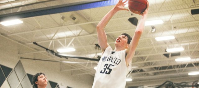 Mill Valley's Clayton Holmberg goes up for a layup against Bonner Springs on Jan. 17. Holmberg was named to the Interstate Classic all-tournament team this weekend, as the Jaguars successfully defended their title.