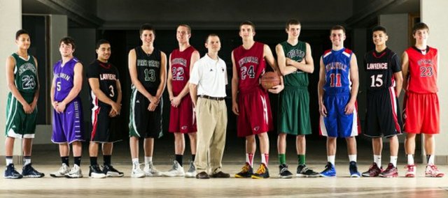 The 2014 Journal-World All-Area Boys Basketball team, from left, Mikey Wycoff, Seabury Academy; Chad Berg, Baldwin; Justin Roberts, Lawrence; Cole Moreano, Free State; Andrew Ballock, Eudora; Kyle Deterding, Eudora; Mitchell Ballock, Eudora; Quinton Verhulst, De Soto; Carter Mann, Wellsville; Anthony Bonner, Lawrence; and Isaac McCullough, Ottawa.