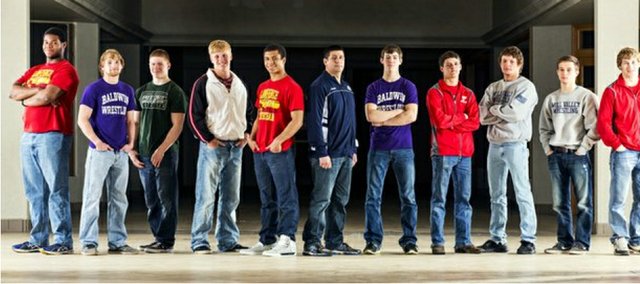The 2014 Journal-World All-Area wrestling team, from left, Alex Jones, Lawrence; Tucker Clark, Baldwin; Sam Skwarlo, Free State; Dalton Weidl, Ottawa; Alan Clothier, Lawrence; Travis Keal, Mill Valley; Jon Pratt, Baldwin; Clayton Himpel, Tonganoxie; Jake Ellis, Mill Valley; Tyler Dickman, Mill Valley; and Asher Huseman, Tonganoxie.