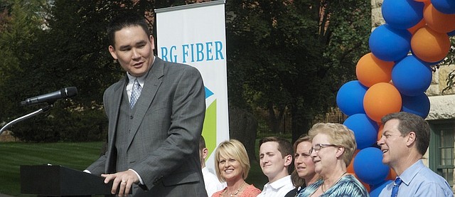 The gigabit fiber service RG Fiber and Reflective Group CEO Mike Bosch, left, introduced at a gathering last fall on the Baker University campus should be operational in Baldwin City in August now that vender problems have been resolved. The company recently reached an agreement to provide the same service in Eudora and the way is not open to it to expand into Lawrence.
