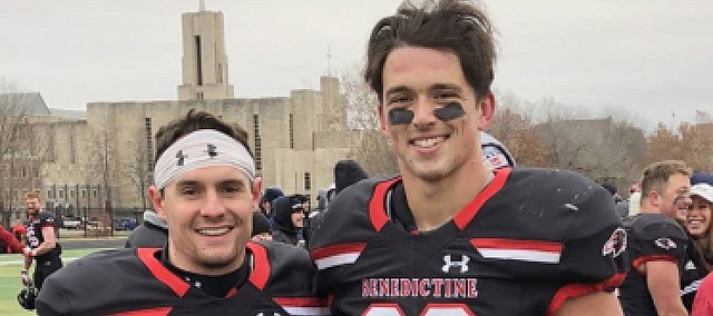 Benedictine football players Jared Sommers (29) and Carl Hecht (83) are seniors this year on the BC team. Both are Tonganoxie High graduates who will be playing in the NAIA national championship game Saturday. It’s Benedictine’s first appearance in the football national championship. Fellow THS graduate Cole Holloway, who also played at BC, serves as a student assistant coach for the Ravens.