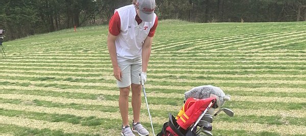 Tonganoxie High junior Andrew Willson lines up for a shot Monday, May 17, 2021, at a Class 4A regional at the Wamego Country Club. Willson just missed out on qualifying for state next week in Dodge City.