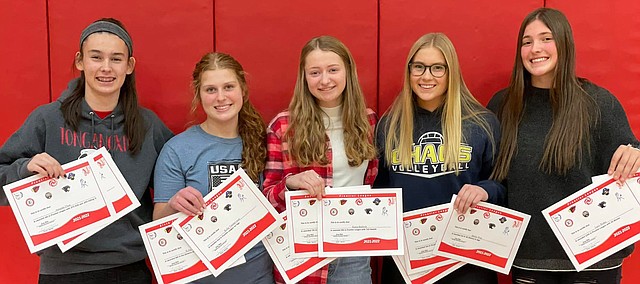 Tonganoxie High volleyball players display their postseason accolades. Pictured, from left, are Amanda Cline, Kylie Vandervoort, Kasia Baldock, Bailey Poje and Lucy Rieke.