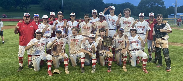 The Tonganoxie High baseball team celebrates after winning a Class 4A regional championship May 17, 2022, at the Leavenworth County Fairgrounds, THS defeated Holton, 10-0, in the in the regional semifinals and then knocked off defending state champion Bishop Miege, 6-4, in the regional finals.