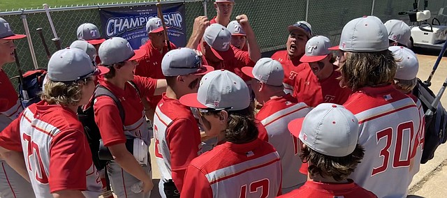 A fired-up Mitch Loomis addressees his team after the Chieftains defeated Paola in the state semifinals Friday in Salina. Tonganoxie finished the season as state runner-up at 20-4 after falling to McPherson, 5-2, in the championship on May 27, 2022, at Dean Evan Stadium in Salina.