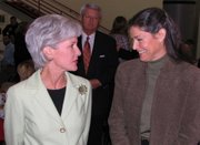 Governor Kathleen Sebelius chats with Lansing Educational Foundation member Nora Hoagland at the breakfast Friday morning.