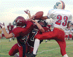 Eudora defensive backs Miles Cleveland (7) and Austin Calhoon
defend a pass in last Friday's season-opening 12-6 win over
Wellsville. Eudora's defense kept the Eagle offense in check,
allowing just two completed passes and 64 yards of offense in the
first half.