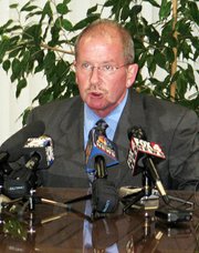 Kansas Department of Prisons spokesman Bill Miskell was at Lansing Correctional Facility on Monday to talk about the escape of inmate John M. Manard.