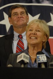 Republican Jim Ryun listens to his wife, Ann, speak after conceding defeat in the race for the 2nd District Congressional seat.