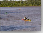 R.J. Stephenson leads a group of Friends of the Kaw members
Saturday toward the De Soto boat ramp as they surveyed the Kansas
River from Lawrence to the Cedar Creek boat ramp. The members of
the advocacy group were documenting structures on the river,
vegetation and troublesome activity along its banks.