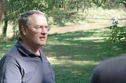 Charles Collins, an instructor with the Combat Studies Institute at Fort Leavenworth, explains details of a Battle of Westport skirmish at Byram's Ford on the Big Blue River, which is now in an industrial area in modern-day Kansas City, Mo. Collins and his colleague, Curtis King, were joined last week by 12 Kansas University ROTC students on a "staff ride" to dissect the Battle of Westport, the biggest battle west of the Mississippi during the American Civil War.