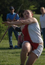 Roxi Grizzle won the girls javelin after upsetting her younger sister Roni for the girls shot put title.