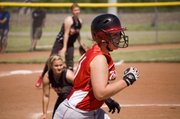 Makayla Leslie hustles down the first-base line during Tonganoxie's first-round loss to Bishop Ward.