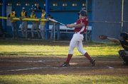 Mark Stewart singles in the second inning for Tonganoxie on Tuesday night at Leavenworth. Stewart was one of four Post 41 players to have a multi-hit game in the team's 9-8 win over Easton in the league final.