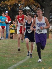 Dalton Harrington, left, was the top finisher for the Tonganoxie boys in the 5K at Wyandotte County Park on Saturday. Harrington finished 29th in the Class 4A regional race.