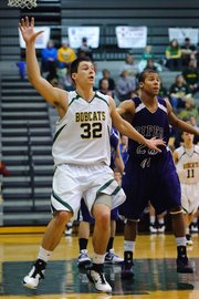 Basehor-Linwood sophomore forward Ben Johnson prepares to post up during the Bobcats' substate victory against Piper.