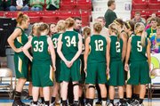 The Basehor-Linwood girls huddle during their Class 4A state tournament first-round game against Colby. The Bobcats made some defensive adjustments and rallied for a 37-28 victory.