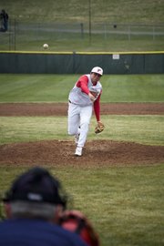 THS starting pitcher AJ Gilbert throws a pitch Thursday against Basehor-Linwood. The Chieftains were swept in a home doubleheader.