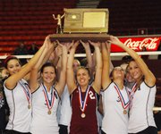 Led by six seniors, the St. James Academy volleyball team hosts the Class 4A state championship trophy for the fourth straight season.