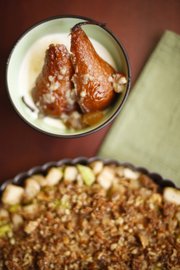 Megan Stuke's Poached pears in crystalized ginger with vanilla ice cream and Sarah Henning's gingery pear fig crumble pizza.
