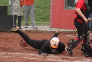 Geena Harris slipped as she slid home, but her game-winning run still counted as the Braves (1-7) got their first win of the season in their belated home-opener against Lansing. Lansing won, 11-8, in the nightcap.