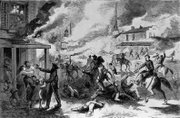 “The Lawrence Massacre,” black and white illustration of Quantrill’s raid of Lawrence that appeared in the Sept. 5, 1863, issue of “Harper’s Weekly” magazine. Artist unknown.