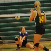 Sophomore Kelsey Kehl digs a serve in Baldwin's tournament-round match against Basehor Linwood. The Bulldogs defeated the Bobcats to avenge a season-opening defeat.