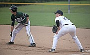 Mill Valley first baseman Tyler Grauer keeps tabs on a Blue Valley Southwest runner during the regional championship game.