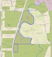 The areas outlined in blue are the parcels of land the city is purchase in an effort to silence train horns around 55th Street and 59th Street and Woodland Road.
