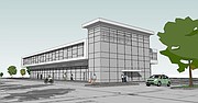 A preliminary concept drawing of a two-story office and retail building that could be constructed as part of the Stag's Creek commercial development on Shawnee Mission Parkway. Details of this conceptual drawing will change as design plans move forward.