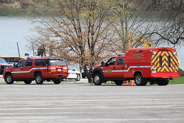 The Lenexa Fire Department arrives on the scene after a body was reportedly discovered at Shawnee Mission Lake.