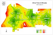 Map illustrating drive times for the Shawnee Fire Department if a new station were constructed at 53rd Street and Woodsonia.